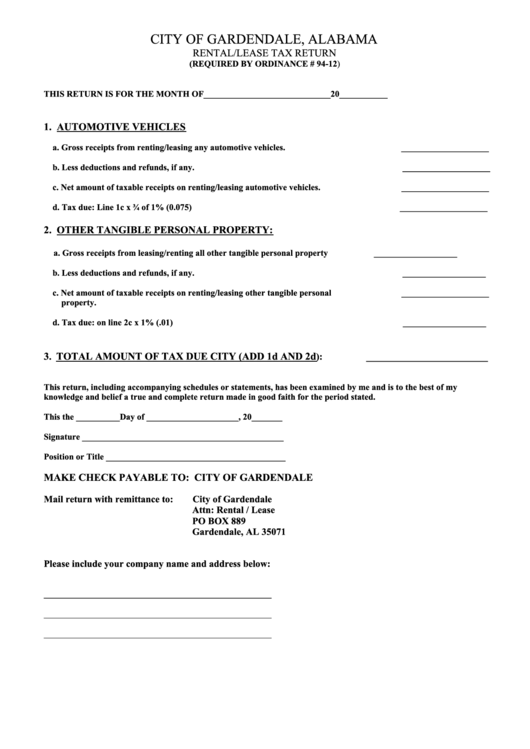 Rental/lease Tax Return Form - City Of Gardendale, Alabama Printable pdf
