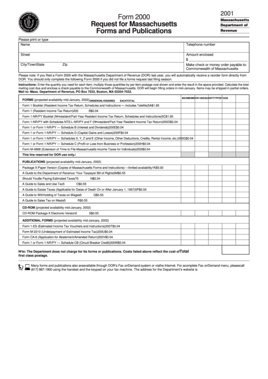Form 2000 - Request For Massachusetts Forms And Publications - 2001 Printable pdf