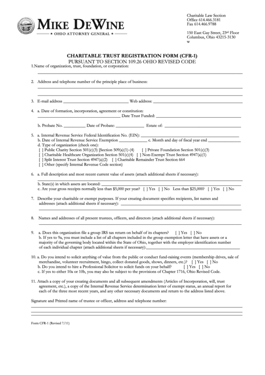 Fillable Form Cfr-1 - Charitable Trust Registration Form - Ohio Attorney General Printable pdf