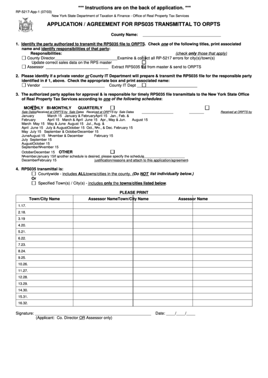 Application / Agreement For Rps035 Transmittal To Orpts Form 2003 Printable pdf