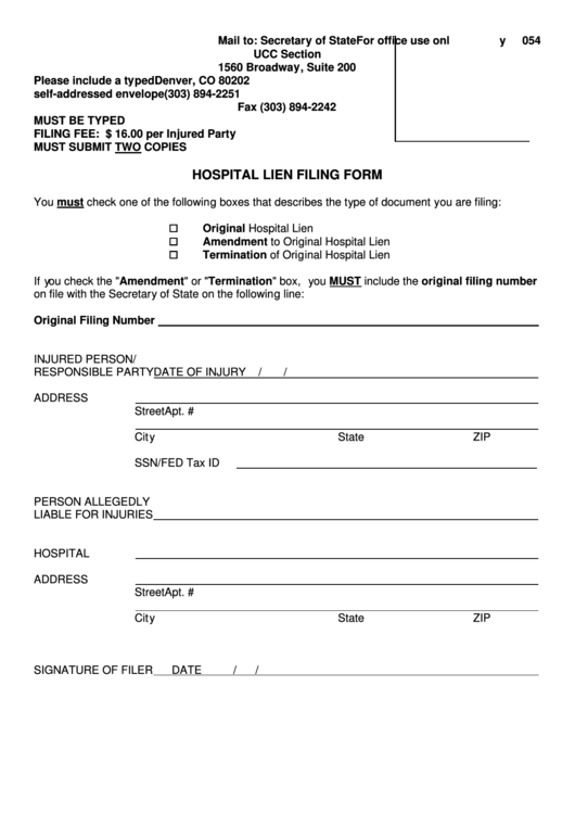 Hospital Lien Filing Form - Colorado Secretary Of State Printable pdf