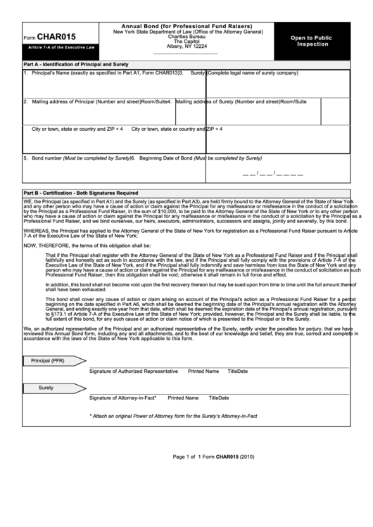 Form Char015 - Annual Bond (For Professional Fund Raisers) 2010 Printable pdf