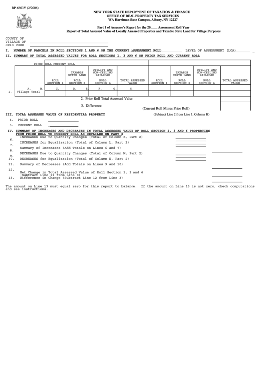 Form Rp-6603v - Report Of Total Assessed Value Of Locally Assessed Properties And Taxable State Land For Village Purposes Printable pdf