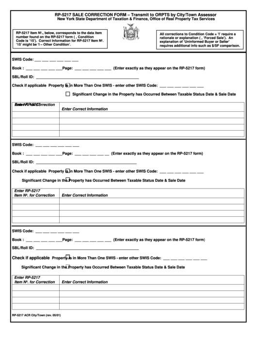 Form Rp-5217 - Sale Correction Form (City/town Assessor) Printable pdf