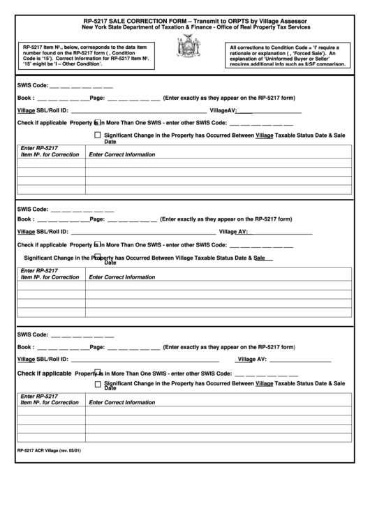 Form Rp-5217 - Sale Correction Form (Village Assessor) Printable pdf
