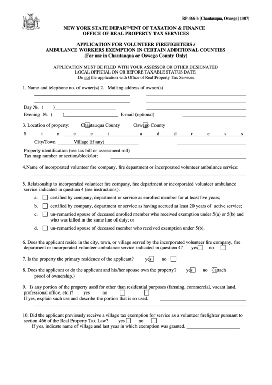 Form Rp-466-B [chautauqua, Oswego]- Application For Volunteer Firefighters / Ambulance Workers Exemption In Certain Additional Counties - 2007 Printable pdf