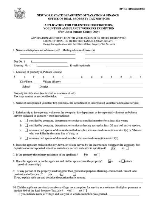 Form Rp-466-C - Application For Volunteer Firefighters / Volunteer Ambulance Workers Exemption (For Use In Putnam County Only) 2007 Printable pdf