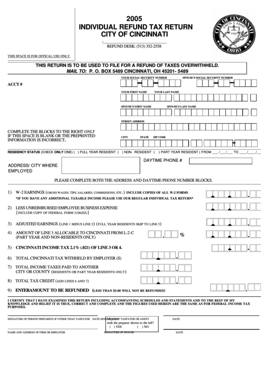 Individual Refund Tax Return - City Of Cincinnati - 2005 Printable pdf