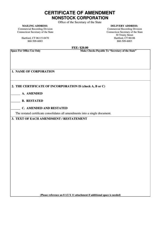 Certificate Of Amendment Nonstock Corporation - Connecticut Secretary Of The State Printable pdf