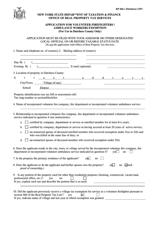 Form Rp-466-C -Application For Volunteer Firefighters / Ambulance Workers Exemption (For Use In Dutchess County Only) 2007 Printable pdf