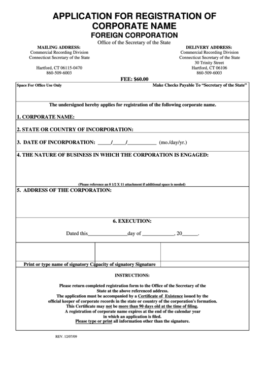 Application For Registration Of Corporate Name Foreign Corporation - Connecticut Secretary Of The State - 2009 Printable pdf