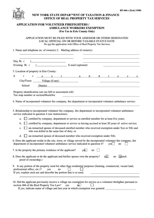 Form Rp-466-C [erie] - Application For Volunteer Firefighters / Ambulance Workers Exemption - 2008 Printable pdf