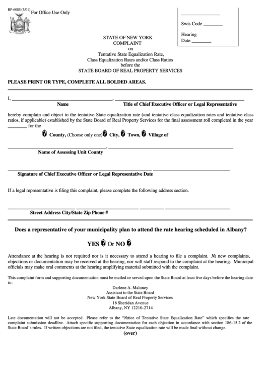 Form Rp-6085 - State Of New York Complaint On Tentative State Equalization Rate, Class Equalization Rates And/or Class Ratios Printable pdf