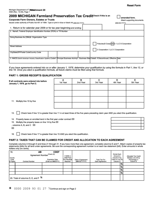 Fillable Form 4594 - Michigan Farmland Preservation Tax Credit - 2009 Printable pdf