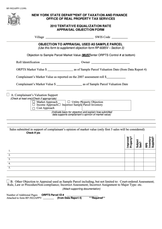 Form Rp-5022appv - 2010 Tentative Equalization Rate Appraisal Objection Form Printable pdf