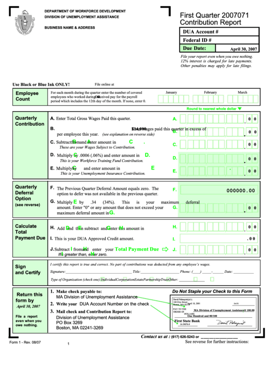 Fillable Form 1 - Quaterly Contribution Report - 2007 Printable pdf