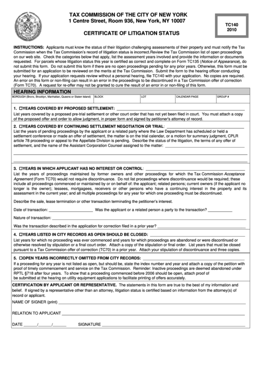 Form Tc140 - Certificate Of Litigation Status - 2010 Printable pdf