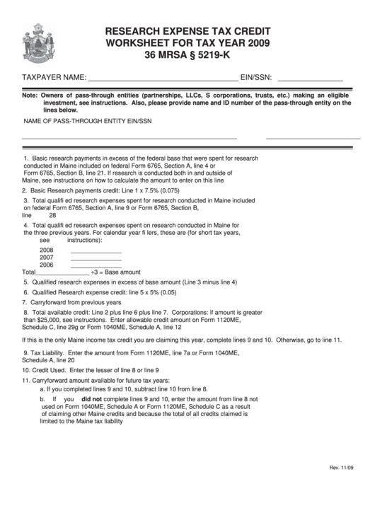 Research Expense Tax Credit Worksheet For Tax Year - 2009 Printable pdf
