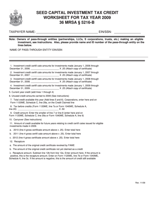 Seed Capital Investment Tax Credit Worksheet For Tax Year 2009 Printable pdf