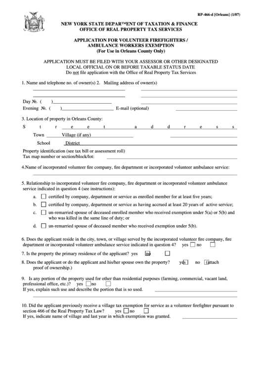 Form Rp-466-D [orleans] - Application For Volunteer Firefighters / Ambulance Workers Exemption - 2007 Printable pdf
