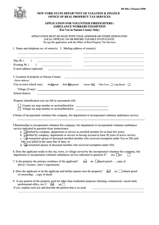 Form Rp-466-C (Nassau) - Application For Volunteer Firefighters / Ambulance Workers Exemption (For Use In Nassau County Only) - 2008 Printable pdf
