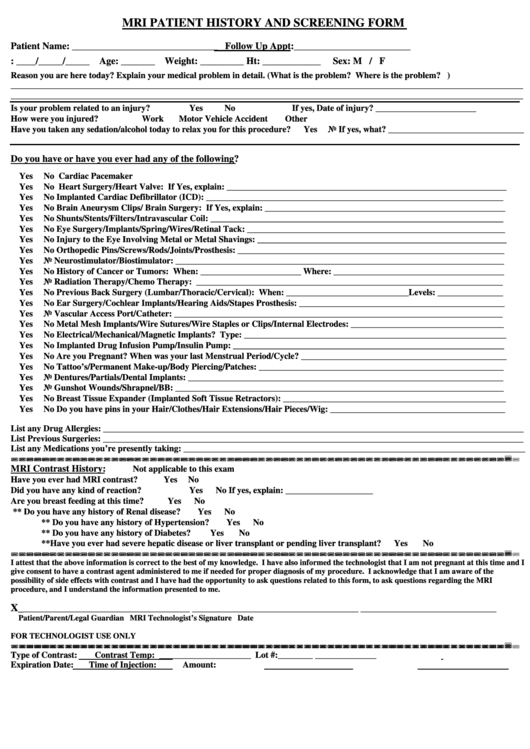 Mri Patient History And Screening Form Printable pdf