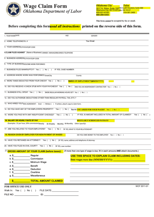 Wage Claim Form Printable pdf