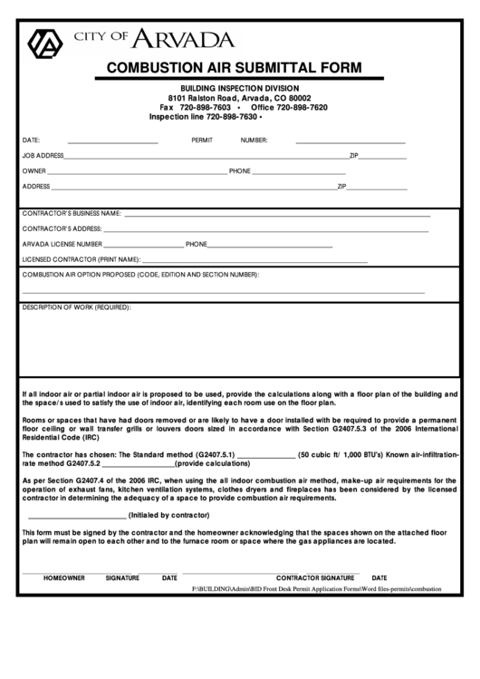 Combustion Air Submittal Form - City Of Arvada Printable pdf