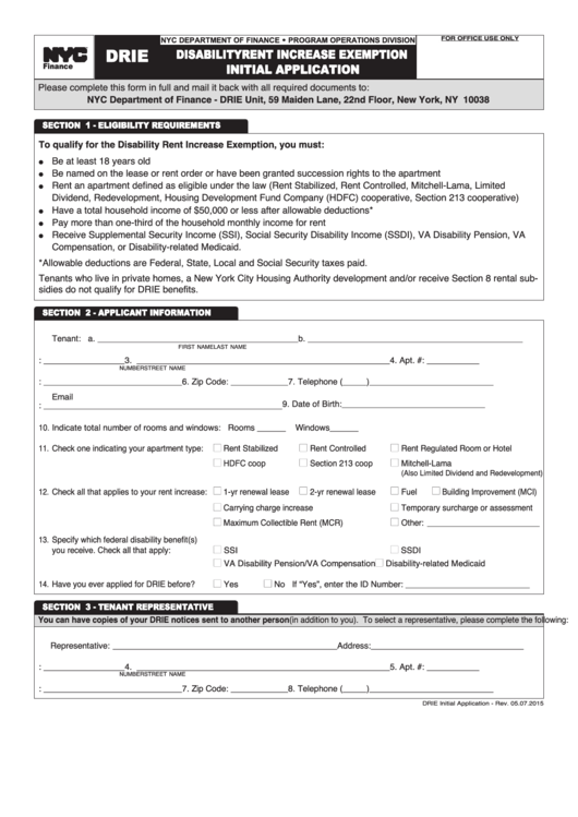 Disability Rent Increase Exemption Initial Application Form Printable pdf