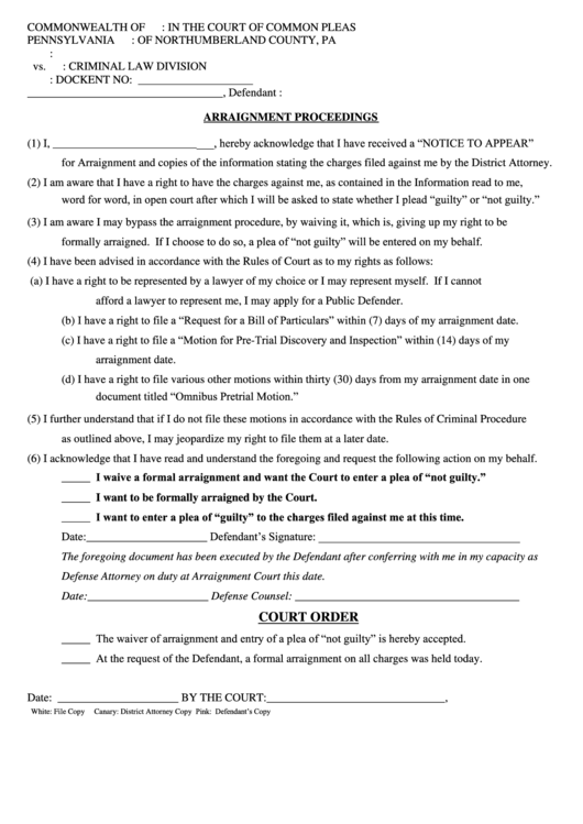 Arraignment Proceedings Form - The Court Of Common Pleas Of Northumberland County, Pa Printable pdf