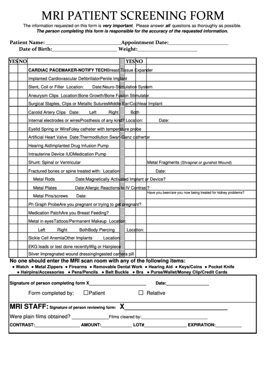 Mri Patient Screening Form Printable pdf