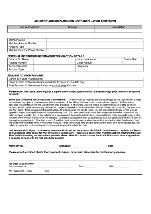 Fillable Ach Debit Authorization/change/cancellation Agreement Form Printable pdf