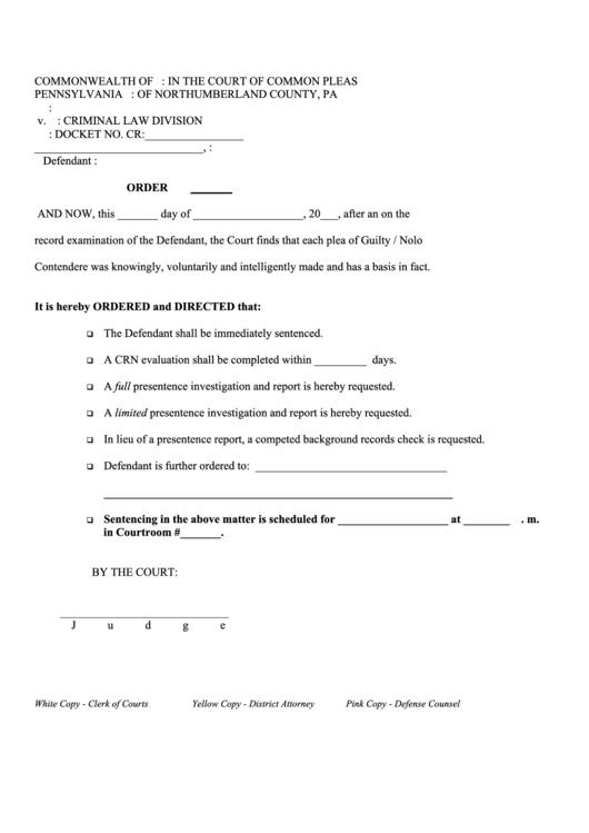 Petition For Entry Of A Guilty/nolo Contendere Plea Form - The Court Of Common Pleas Of Northumberland County, Pa Printable pdf