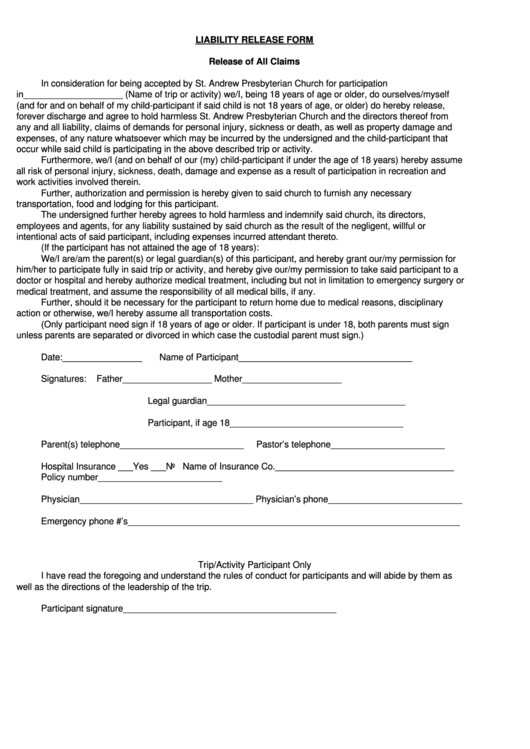 Trip Or Activity Liability Release Form (18 Years Of Age Or Older) Printable pdf