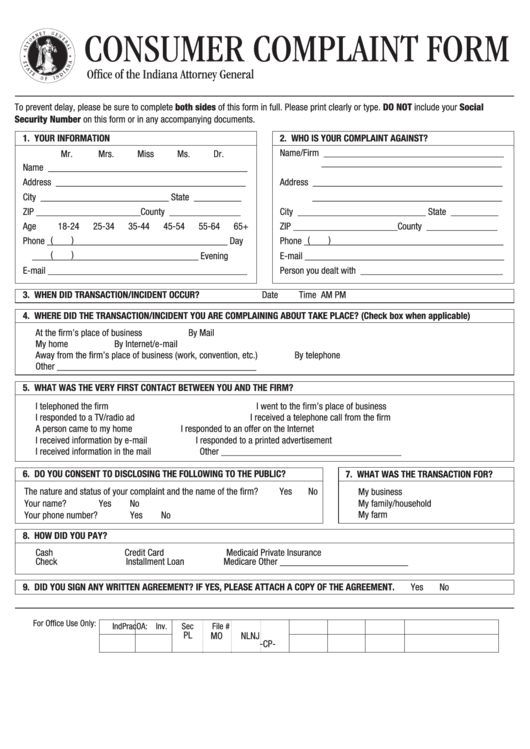 Fillable Consumer Complaint Form - Office Of The Indiana Attorney General Printable pdf