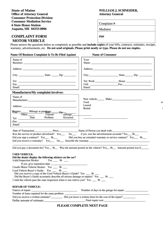 Complaint Form Motor Vehicle Printable pdf