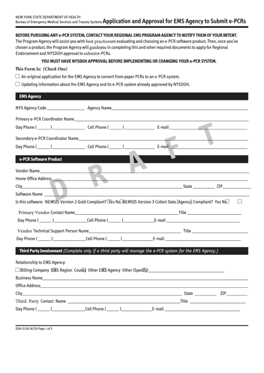 Form Doh-5136 - Application And Approval For Ems Agency To Submit E-Pcrs Printable pdf