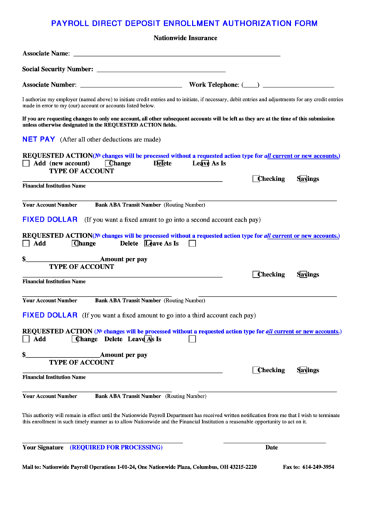 Payroll Direct Deposit Enrollment Authorization Form Printable pdf