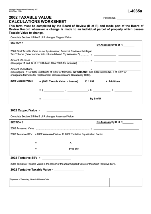 Form L-4035a - Taxable Value Calculations Worksheet Printable pdf