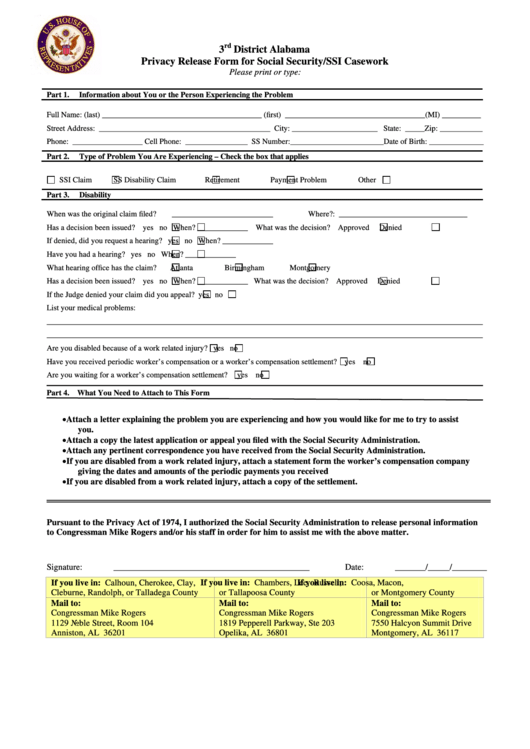 Privacy Release Form For Social Security/ssi Casework Printable pdf