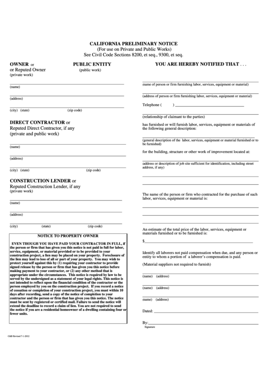 California Preliminary Notice Form/proof Of Notice Declaration
