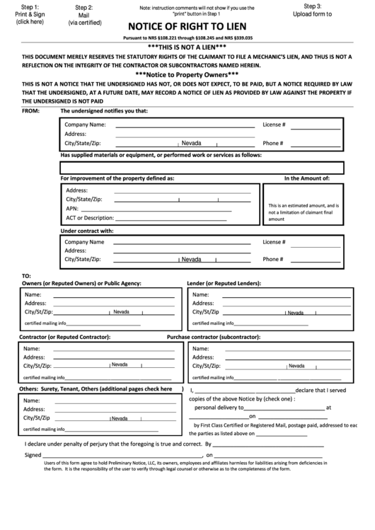 Fillable Notice Of Right To Lien Form Printable pdf