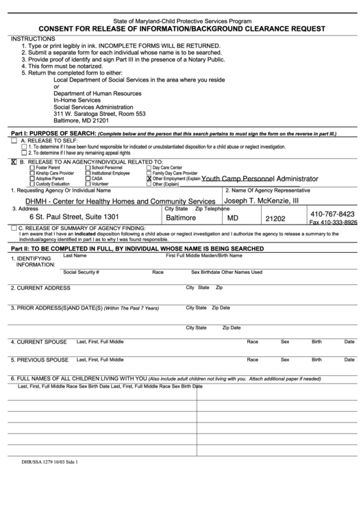 Form Dhr/ssa 1279 - Consent For Release Of Information/background Clearance Request Printable pdf