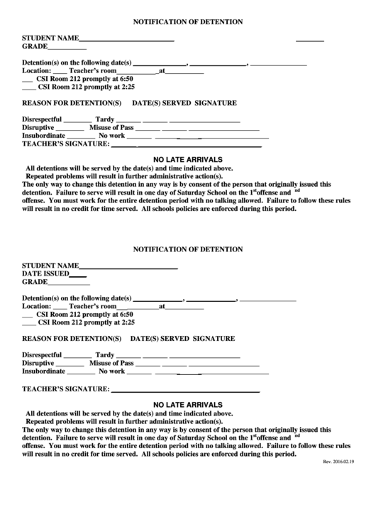 Notification Of Detention Form Printable pdf