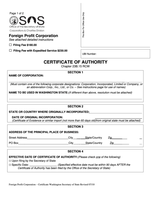Fillable Certificate Of Authority Form - The State Of Washington Printable pdf