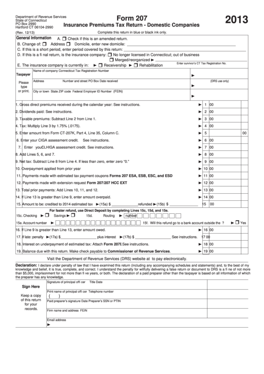 Form 207 - Insurance Premiums Tax Return - Domestic Companies - 2013 Printable pdf