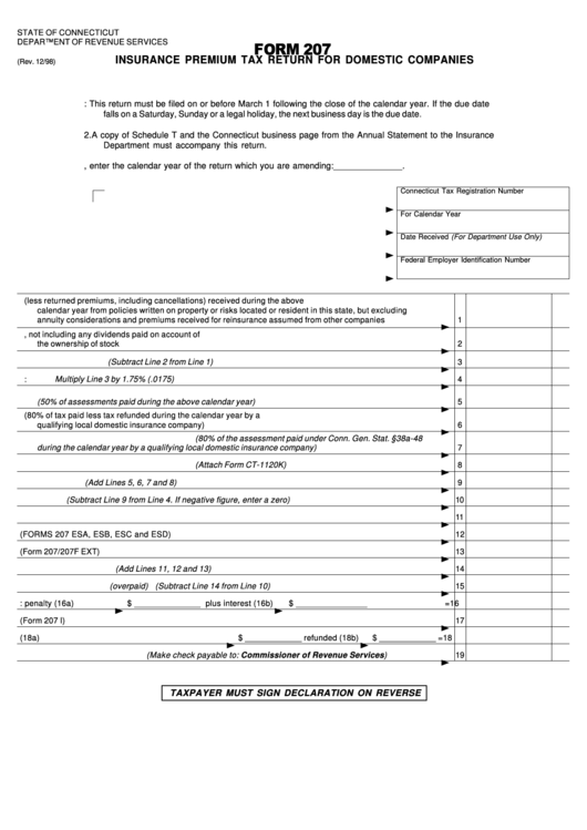 Fillable Form 207 - Insurance Premium Tax Return For Domestic Companies Printable pdf