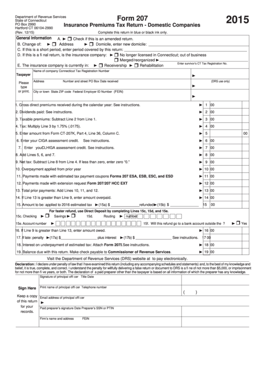 Form 207 - Insurance Premiums Tax Return - Domestic Companies - 2015 Printable pdf