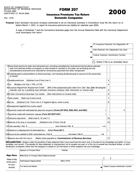 Form 207 - Insurance Premiums Tax Return Domestic Companies Printable pdf