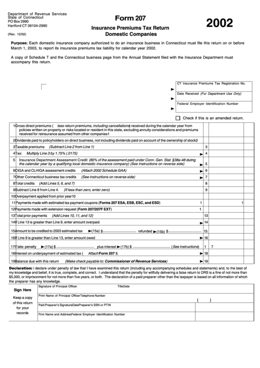 Form 207 - Insurance Premiums Tax Return Domestic Companies - 2002 Printable pdf
